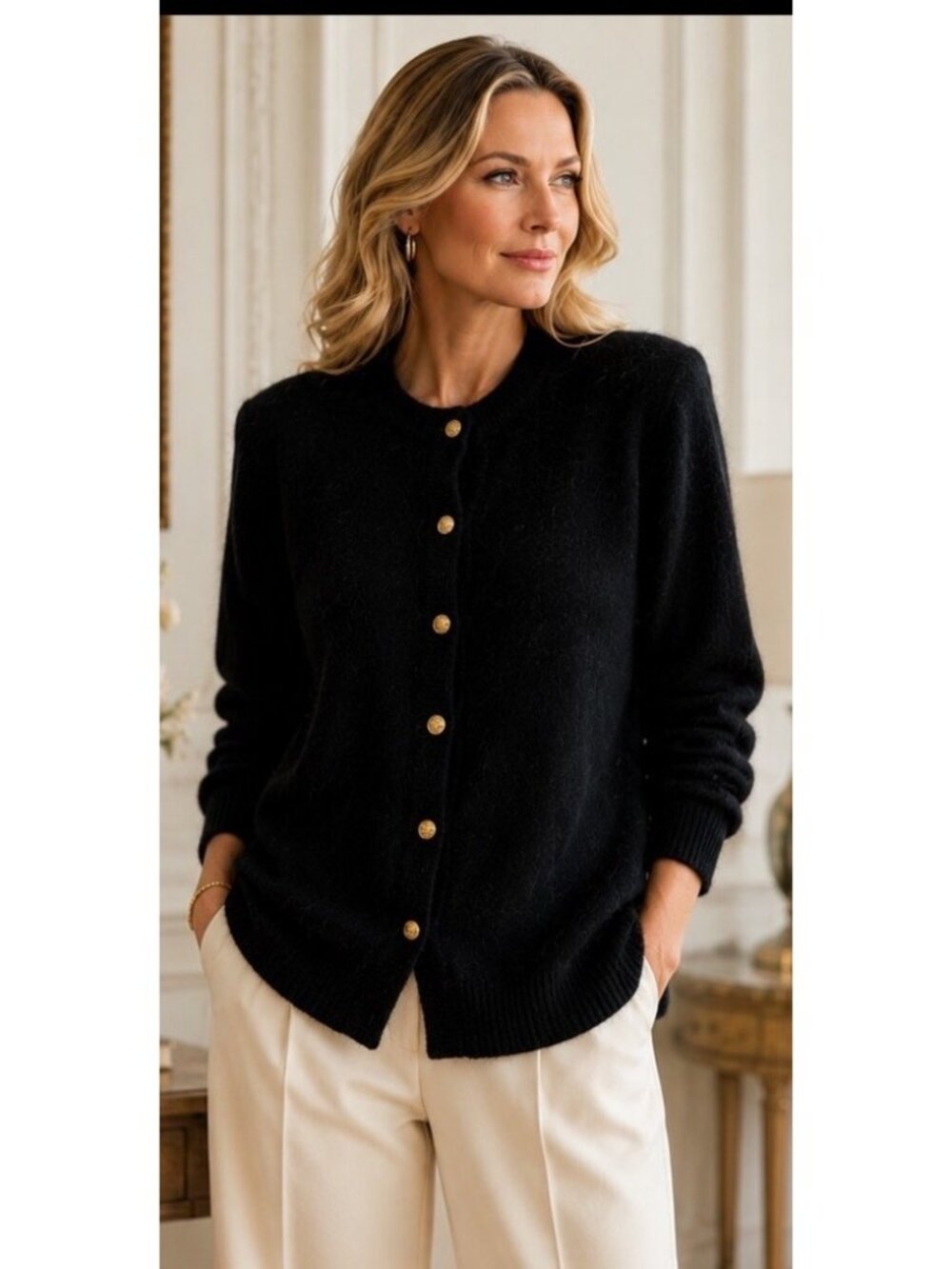 Vintage Aziza Black Angora Rabbit Hair Blend Fuzzy Button Front Sweater Medium